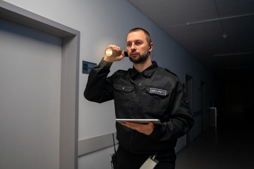 Φύλακας με φακό και tablet επιθεωρεί διάδρομο κτιρίου