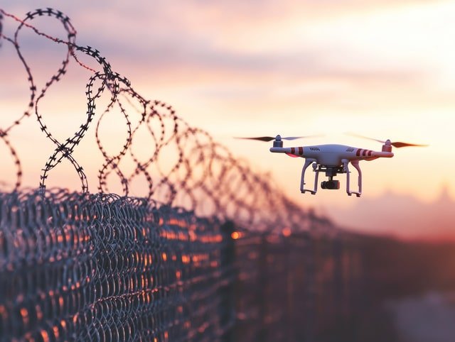 Drone σε πτήση δίπλα σε φράχτη με συρματόπλεγμα στο σούρουπο